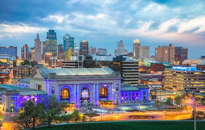 View of city lit up at night