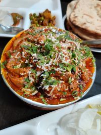 High angle view of food served in plate