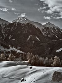 Scenic view of snow covered mountains against sky