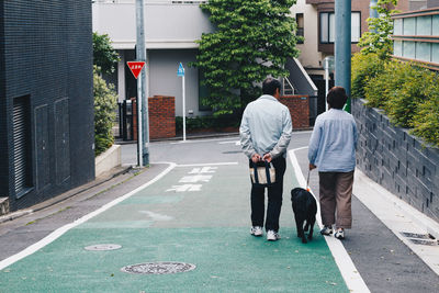 Rear view of man walking with dog in city