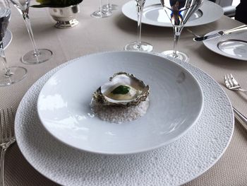 High angle view of dessert served on table