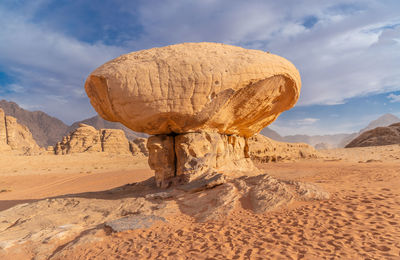 The sandstone formation the mashroom in wadi rum desert at jordan