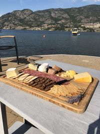 High angle view of food on table at lake