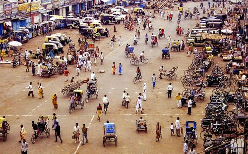 High angle view of people walking on street