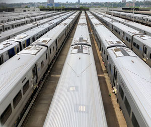 High angle view of train at railroad station