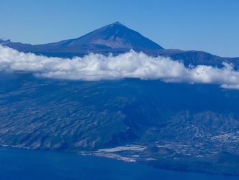 Aerial view of snowcapped mountains against blue sky