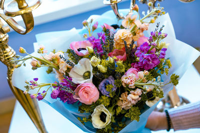 High angle view of flower bouquet on table