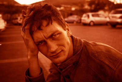 Portrait of worried man holding cigarette at parking lot