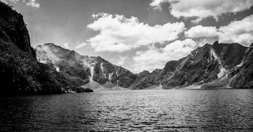 Scenic view of lake and mountains against sky