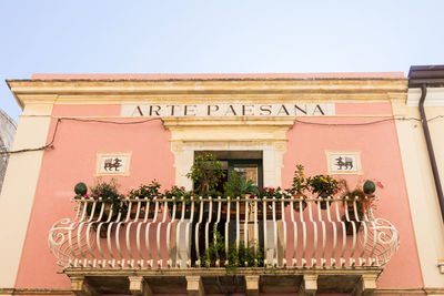 Potted plants against building in city against clear sky