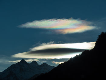 Scenic view of rainbow over mountains against dramatic sky