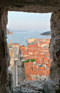 High angle view of buildings against sky