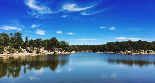 Scenic view of lake against blue sky