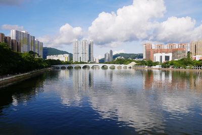 River by modern buildings against sky in city