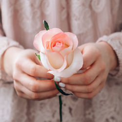 Female hand in pink blouse holding tender pink rose. minimal trendy composition. abstract art idea.