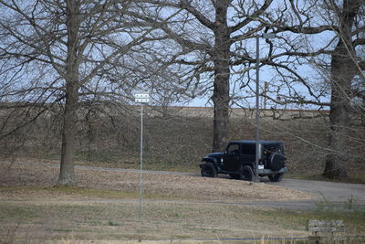 Car on road amidst trees on field