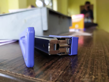 Close-up of toy car on table at home