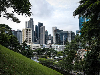 Trees and buildings in city against sky