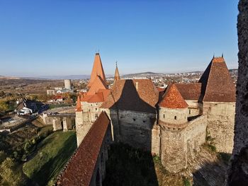 High angle view of buildings against clear blue sky