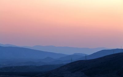 Scenic view of mountains against clear sky during sunset