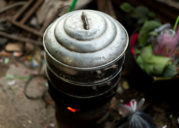High angle view of tea on field