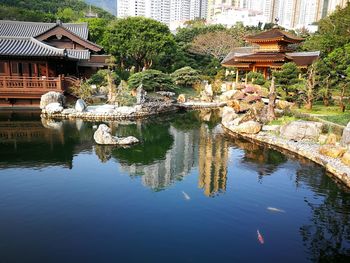 Reflection of trees and buildings in lake