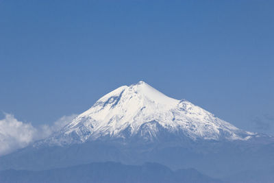 Scenic view of snowcapped mountains against clear sky