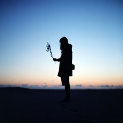 Silhouette woman holding plant while standing on sand during sunset