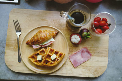 High angle view of breakfast on table