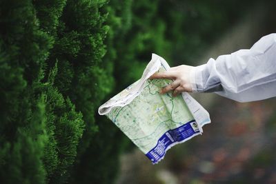 Close-up of man holding umbrella against trees