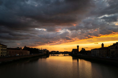 Buildings by river against sky during sunset