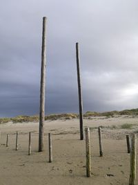 Wooden posts on beach against sky