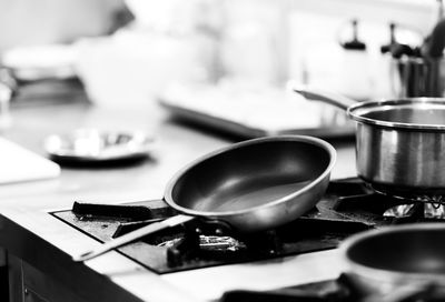 High angle view of utensils on gas stove