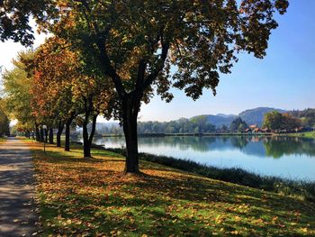 Scenic view of park by lake against sky