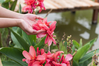 A woman happily held flowers in her backyard.