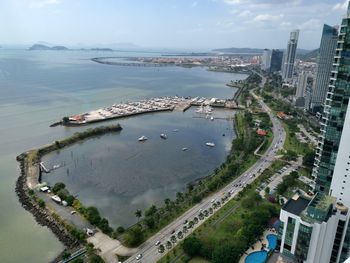 High angle view of buildings in city