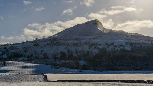 Scenic view of snow covered mountains against sky