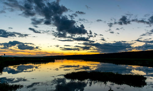 Scenic view of lake against sky during sunset