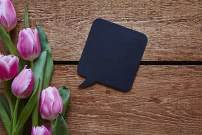 Directly above shot of tulips with speech bubble on table