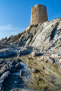 Low angle view of rock formation against sky