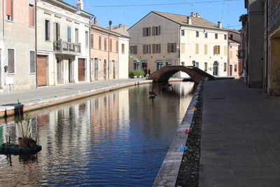 Canal in city against sky