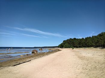 Scenic view of beach against blue sky