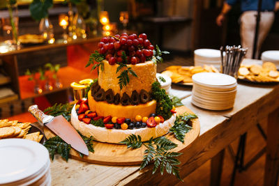 Close-up of fruits served on table at restaurant