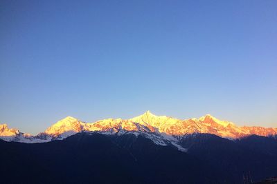 Scenic view of mountains against clear blue sky