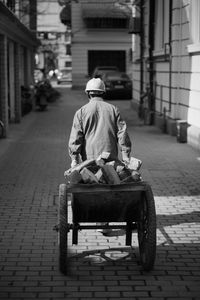 Rear view of man sitting on street