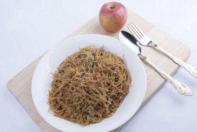 High angle view of bread in plate on table