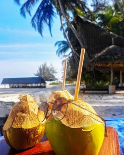 Close-up of fresh fruit on beach against sky