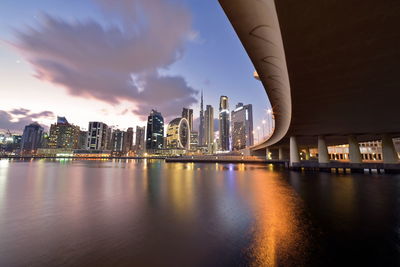 Dubai, uae  dubai skyline from marasi st, dubai business bay, dubai canal, near burj khalifa 