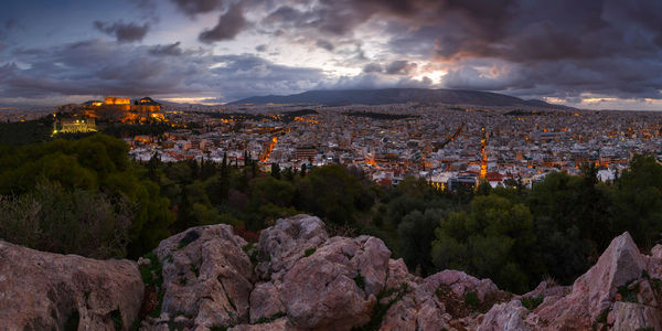 View of acropolis from filopappou hill at sunrise, greece.