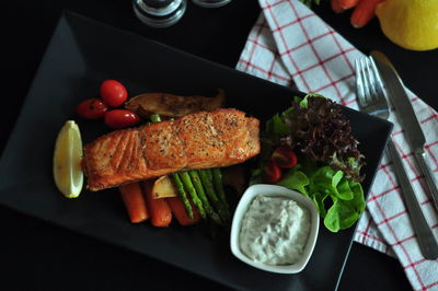 High angle view of food in plate on table